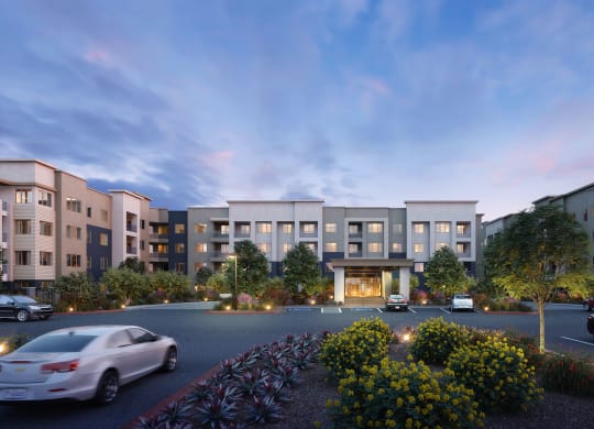 Leasing Entrance In Dusk at Juniper Square 55+ Apartments, Arizona, 85301