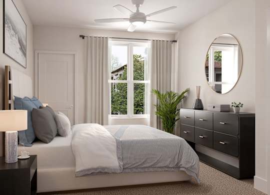 A bedroom with a bed, nightstand, and a window with curtains at Maison at Solivita Marketplace Apartment Homes, Kissimmee