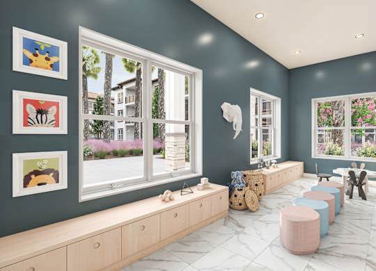 A room with a long bench and pictures on the wall at Maison at Solivita Marketplace Apartment Homes, Kissimmee, 34758