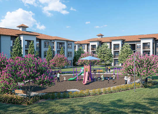 A playground area with a slide and a swing set in front of apartment buildings at Maison at Solivita Marketplace Apartment Homes, Florida, 34758
