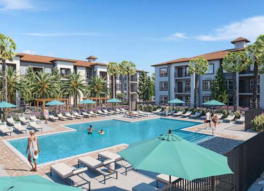 A pool area with people relaxing and a building in the background at Maison at Solivita Marketplace Apartment Homes, Kissimmee, Florida