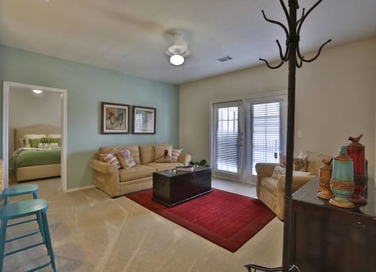 a living room with a couch and a table