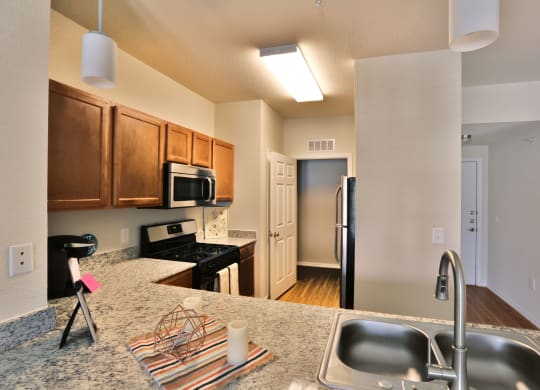 a kitchen with granite counter tops and a stainless steel refrigerator at Cedars of Elk Drive 55+ Apartments, Texas, 76028