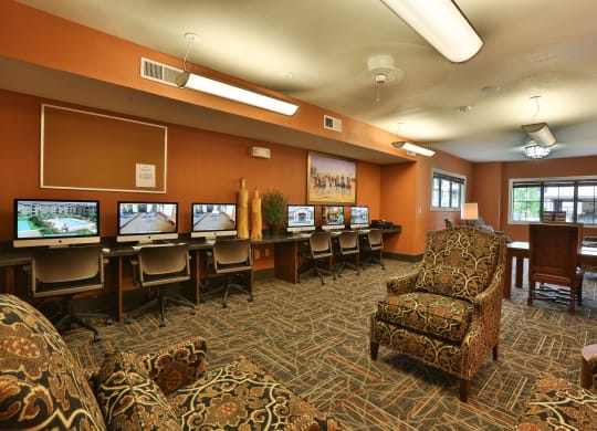 a lounge area with chairs and computers in a room at Cedars of Elk Drive 55+ Apartments, Burleson, TX