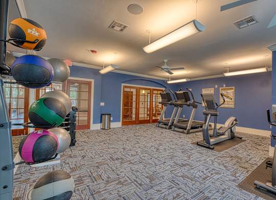 a gym with treadmills and other exercise equipment in a building with blue walls at Mariposa at South Broadway, Joshua Texas
