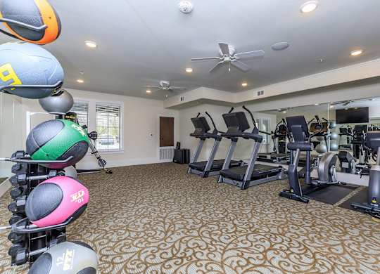 a gym with treadmills and other exercise equipment at Mariposa at Westchester, Grand Prairie Texas