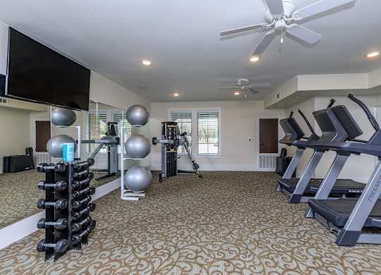 a gym with treadmills and other exercise equipment and a tv at Mariposa at Westchester, Grand Prairie