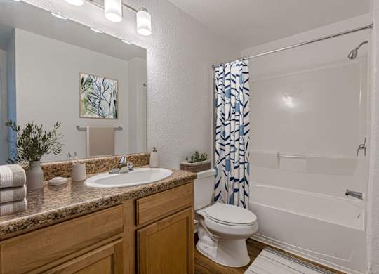 A bathroom with a white toilet, sink, and shower.