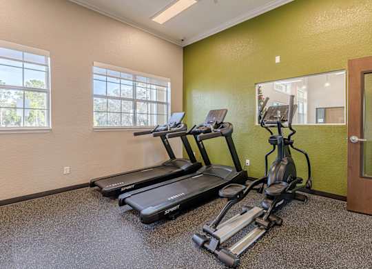 A gym with treadmills, elliptical machines, and a mirror.