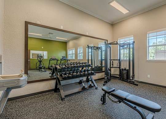 A gym with a mirror, weights, and exercise equipment.