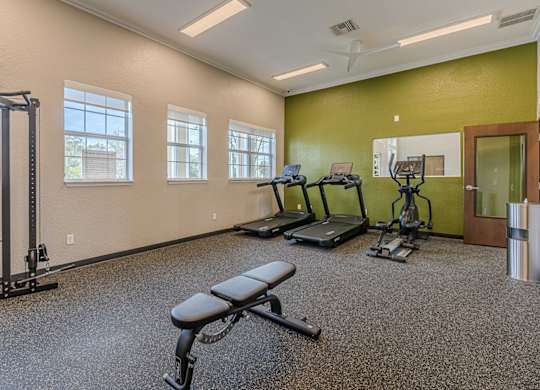 A gym with a variety of equipment including treadmills, weights, and a bench.