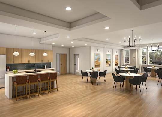 A modern kitchen with a dining area.
