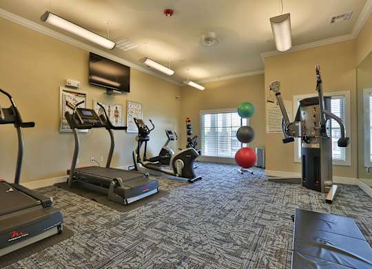 a gym with treadmills and other exercise equipment and a television