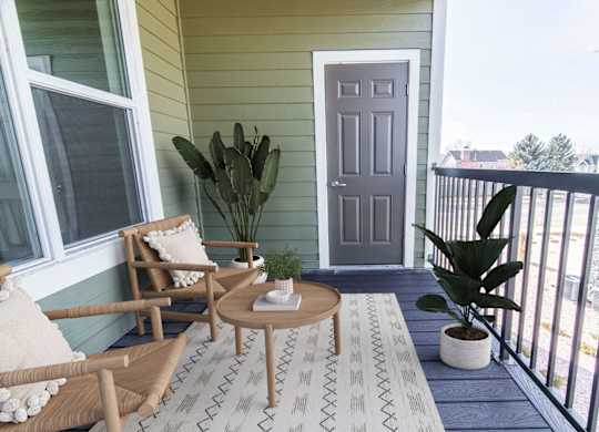 A balcony with a grey door, a cactus, a potted plant, a table and two chairs.