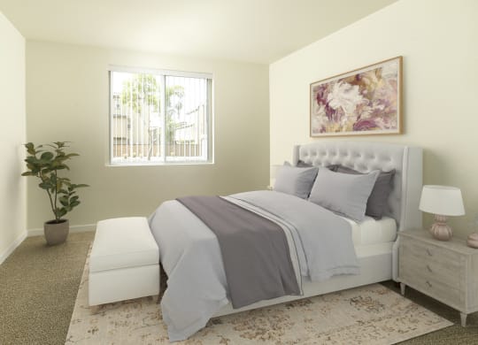 a white bedroom with a bed and a window