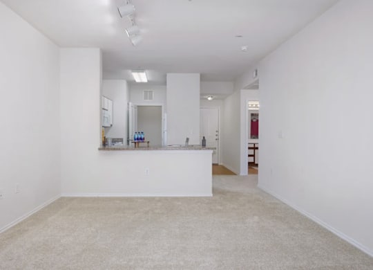 a living room and kitchen with white walls and carpet at Mariposa at Bay Colony, Dickinson