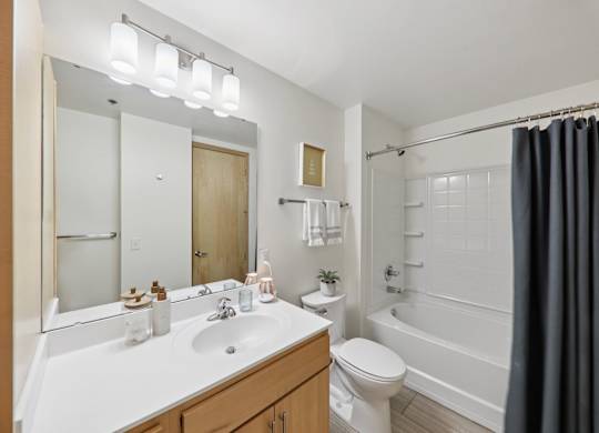 Bathroom with mirror at Arcade Apartments, St Louis, Missouri