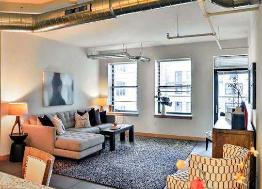 Bright Living Room at Arcade Apartments, Missouri