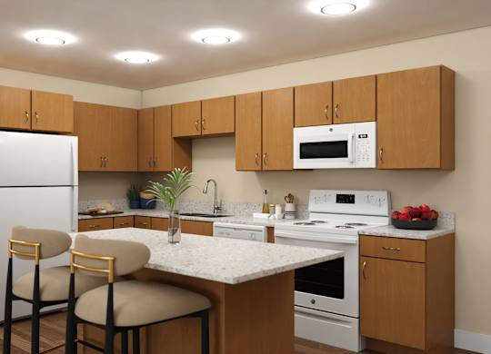 A kitchen with a white countertop and wooden cabinets.