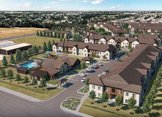 A bird's eye view of a residential area with houses and a swimming pool.