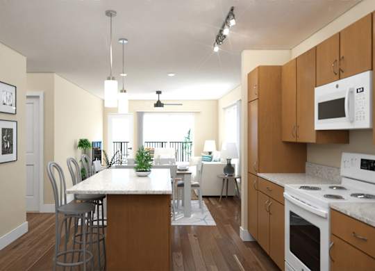 A kitchen with a white stove top oven and a whiteTownhomes on Earley_D1_TH_1FL_interior render 2.jpg