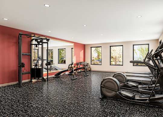 Fitness center with cardio equipment and strength machines at Turquoise Trail Apartments, Santa Fe, New Mexico