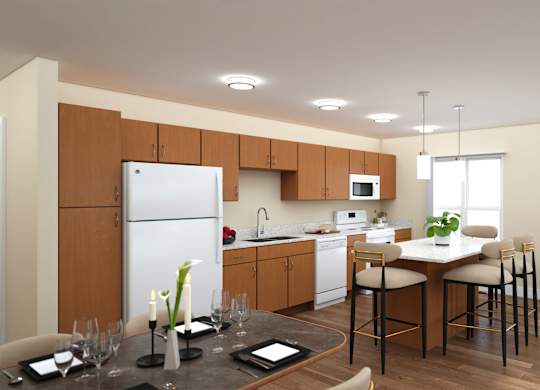 Open kitchen dining area with white island seating at Turquoise Trail Apartments, Santa Fe, NM 87508