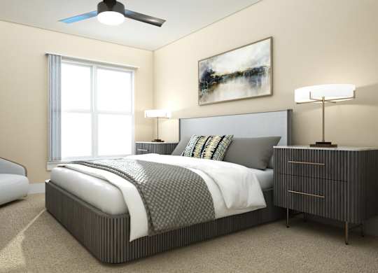 Bedroom with modern gray furniture and large window at Turquoise Trail Apartments, Santa Fe, 87508