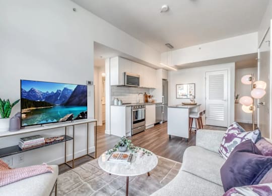 A modern living room with a flat screen TV and a coffee table.