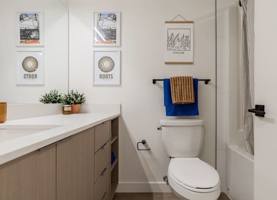 A bathroom with a toilet, sink, and pictures on the wall.