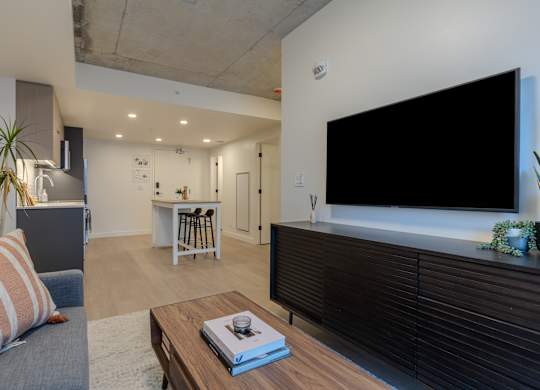 A living room with a grey couch and a wooden coffee table.