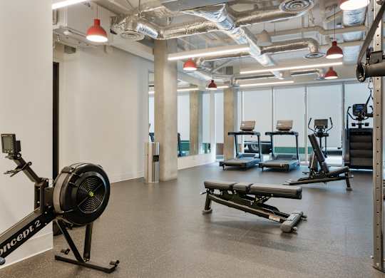 A gym with a rowing machine on the left and a bench press on the right.