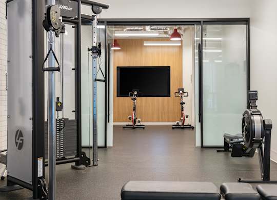 A gym with a variety of equipment including a squat rack, a bench, and a rowing machine.