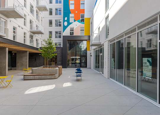 A courtyard with a tree and a bench.