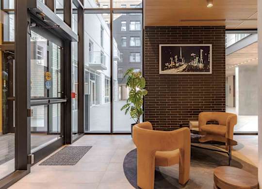 A room with a chair and a plant in it.
