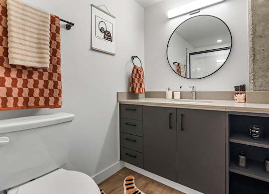 A bathroom with a toilet, sink, and a mirror.