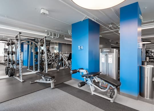 A gym with a variety of equipment including a leg press machine at Clayton on the Park Apartments, Clayton, Missouri