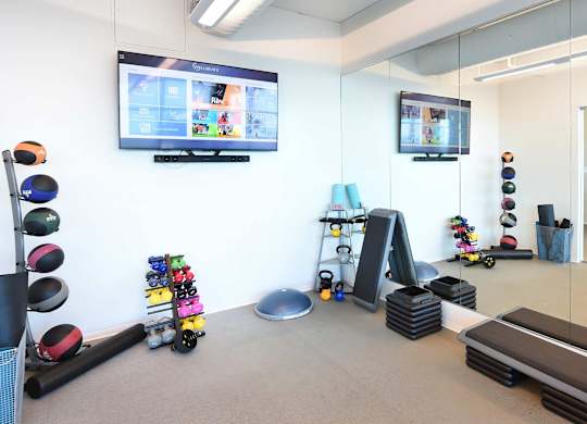 A room with a treadmill, exercise balls, and a television.