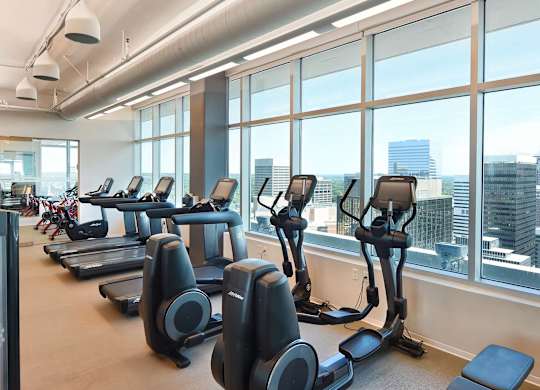 A gym with treadmills and elliptical machines.