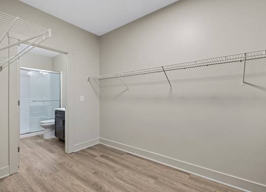 A room with a walk-in closet and a toilet in the corner.