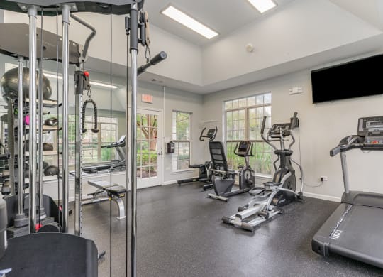 gym with exercise equipment and windows at the district flats apartments in lenexa at Litchfield Oaks Apartments, South Carolina, 29585