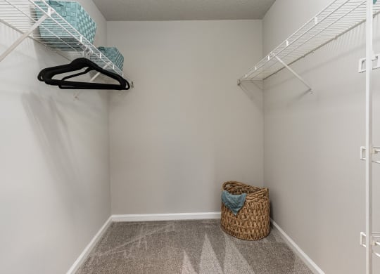 a walk in closet with white walls and shelves and a basket in the corner at Litchfield Oaks Apartments, South Carolina