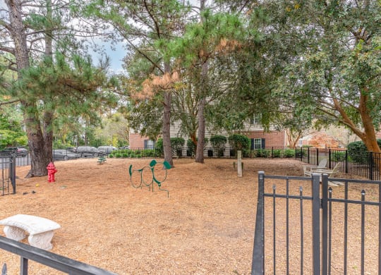 a park with a playground and trees in front of a building at Litchfield Oaks Apartments, South Carolina, 29585