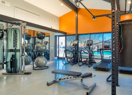 A gym with a variety of equipment including weights and treadmills.
