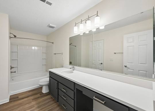 A bathroom with a white counter top and a large mirror.