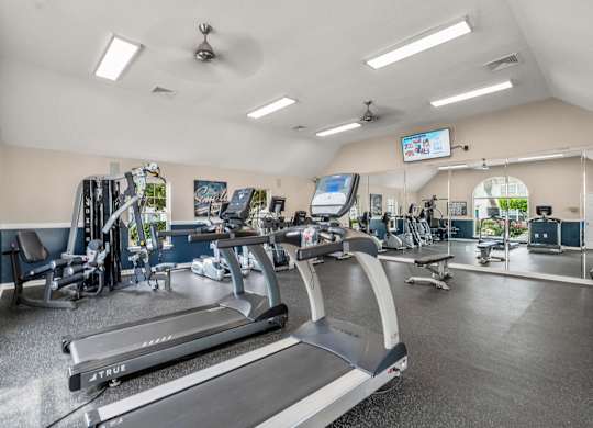 A gym with treadmills and other exercise equipment.