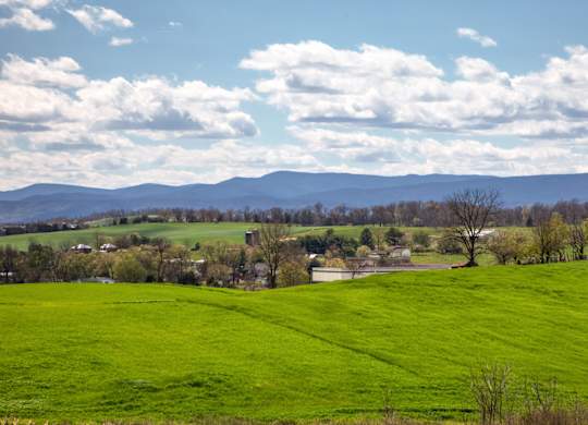 A green field with trees and mountains in the distance under a blue sky with clouds at The Mark Townhomes Apartments, Harrisonburg, VA
