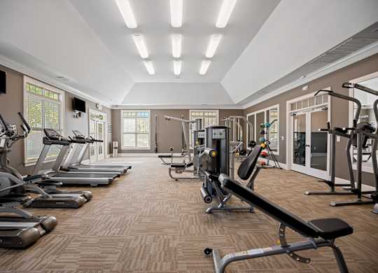 A gym with treadmills, elliptical machines, and weight machines.