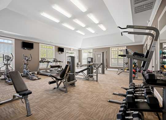 A well-equipped gym with a variety of exercise machines and weights.