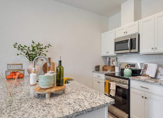 A kitchen with a granite countertop and stainless steel appliances at The Mark Townhomes Apartments, Virginia